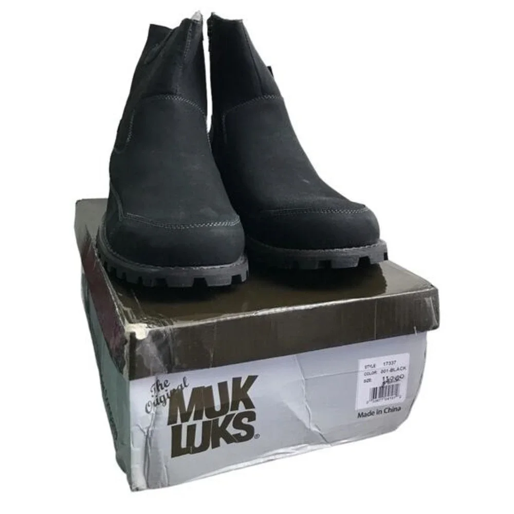 MUK LUKS‎ Boots Mens 11 Black Ankle Faux Suede Shearling Lined Zipper Lug Sole